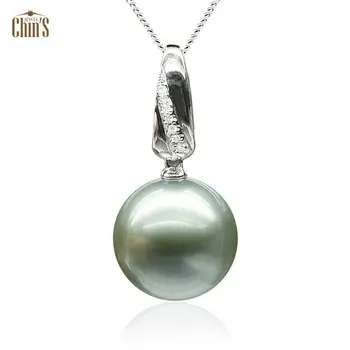 

Free Shipping AAA 13.8mm Round Real Tahitian Silver Green Pearl Diamond Pendant 18K White Gold