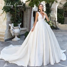Ashley Carol сексуальное Атласное Бальное платье принцессы с v-образным вырезом и открытой спиной, свадебное платье, винтажные Простые Свадебные платья