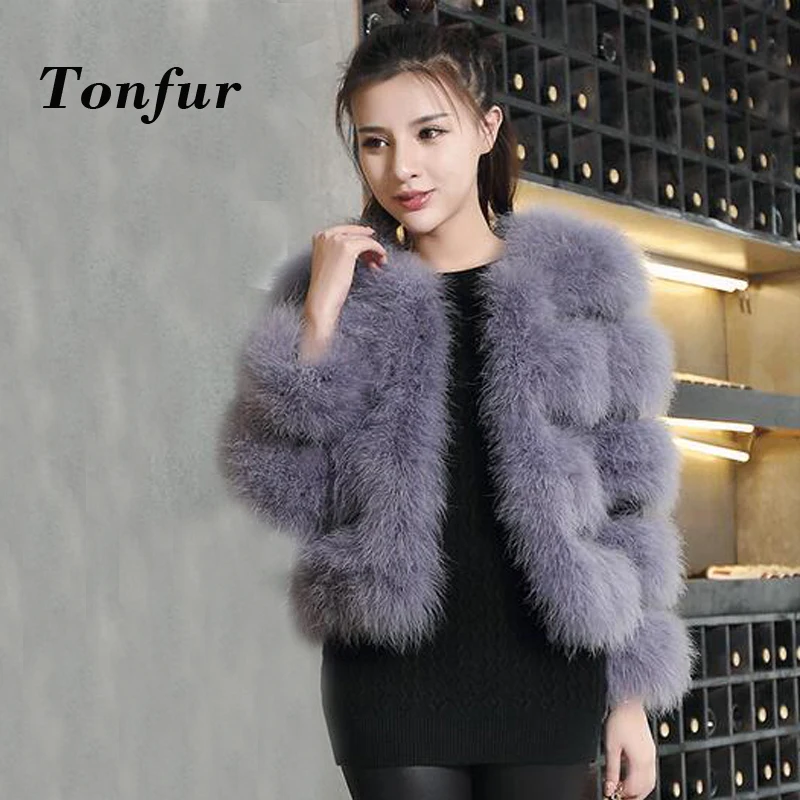

Women New Design Thick Luxury Export Quality Star Trend Winter Autumn Real Ostrich Fur Coat Slim natural fur jacket tbsr114