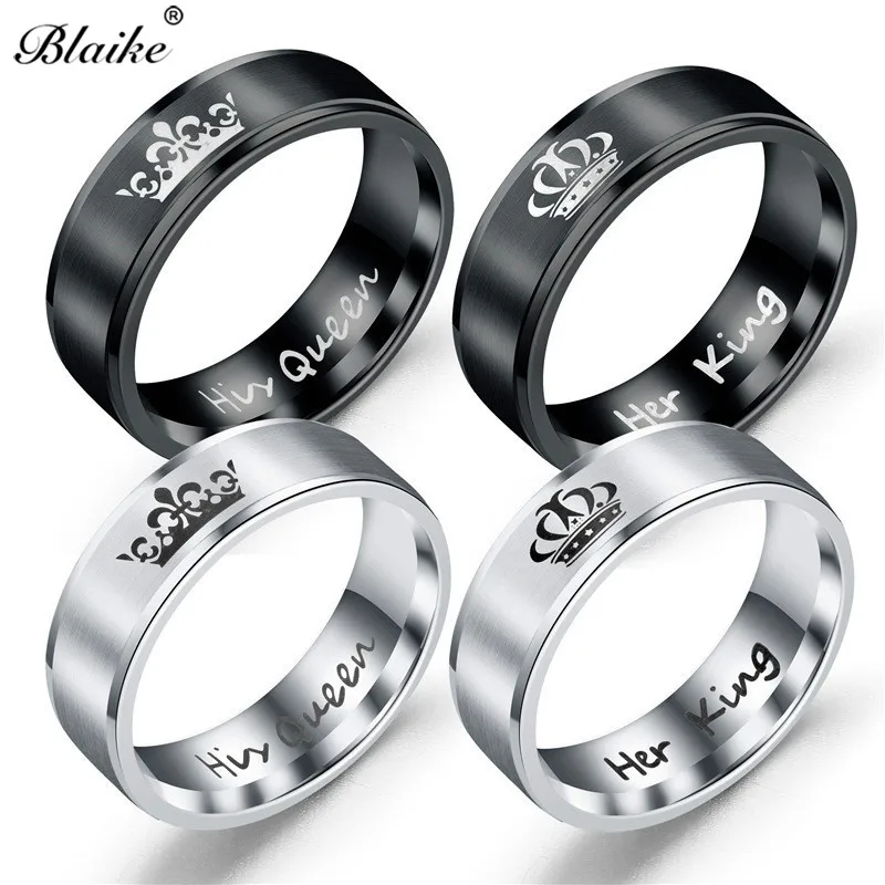 buy Blaike Luxury Titanium Steel King Queen Crown Rings for Women Men Vintage Silver Black Stainless Steel Ring Couple Jewelry Gifts
