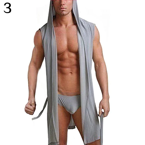 Модные мужские сексуальные летние пижамы без рукавов Халат с капюшоном халат Повседневная Пижама