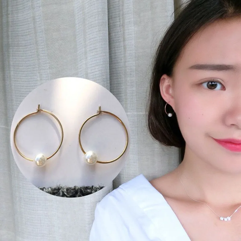 

2018 Simple Simulated Pearl Geometric Round Hoop Earrings Genuine Gold Plating Copper Circle Earring for Women Wedding Jewelry