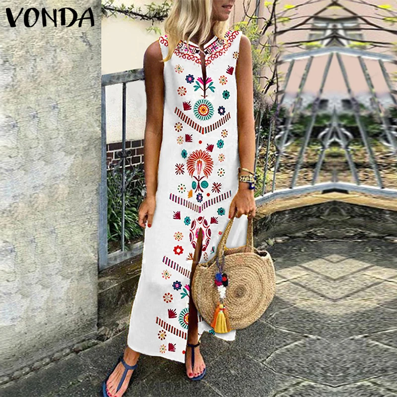 VONDA богемный Для женщин Повседневное свободное платье 2019 Лето рукавов Разделение Платья с цветочным рисунком вечерние платье в пол Femme Vestidos