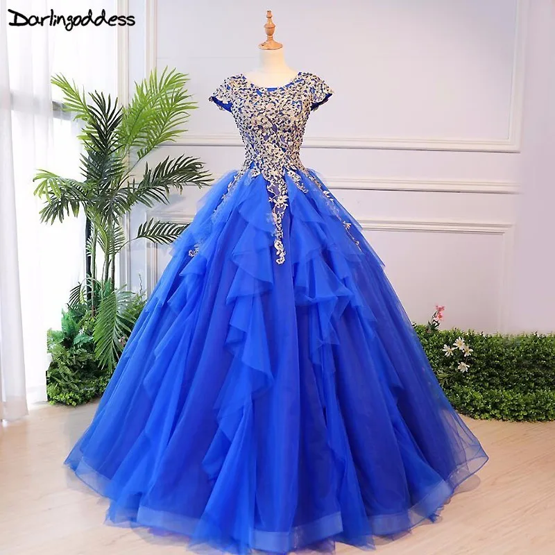 

Robe de Mariee 2018 Gold Lace Applique Wedding Dresses Roayl Blue Red Tulle Cap Sleeves Wedding Gowns Plus Size Vestido de Novia