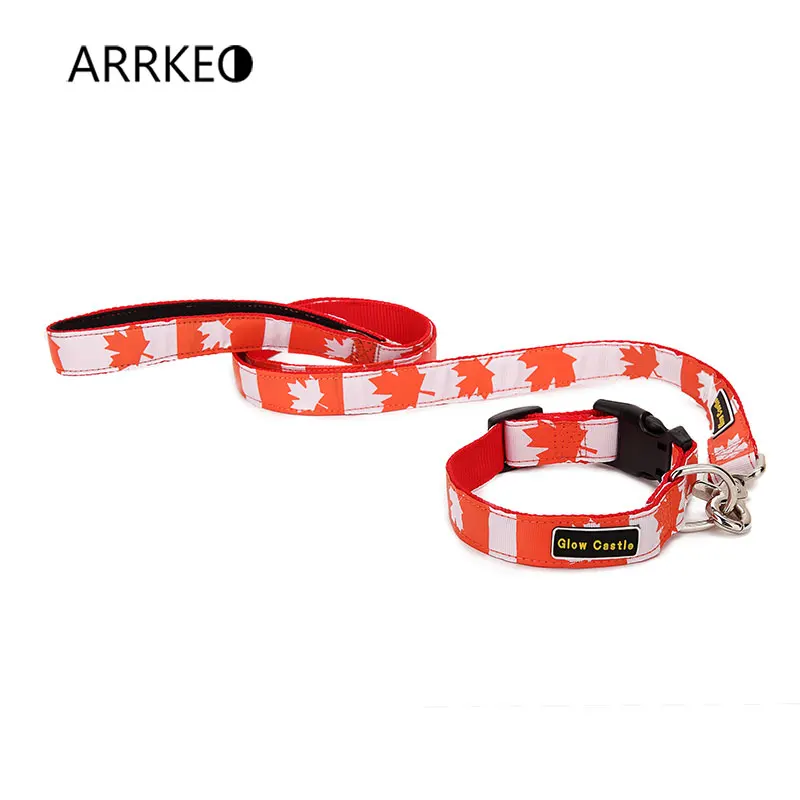 ARRKEO USA Canada Flag Nylon Dog Collar with Dog Leash Lead Puppy Cat Pet Supplies Dog Accessories 120 CM For Large Small Dogs (10)