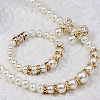 

USTYLE Luxurious Pearls Set Necklace Earring Bracelet Alloy plated Rose Gold Rhodium with Austria Crystal Fashion Jewelry