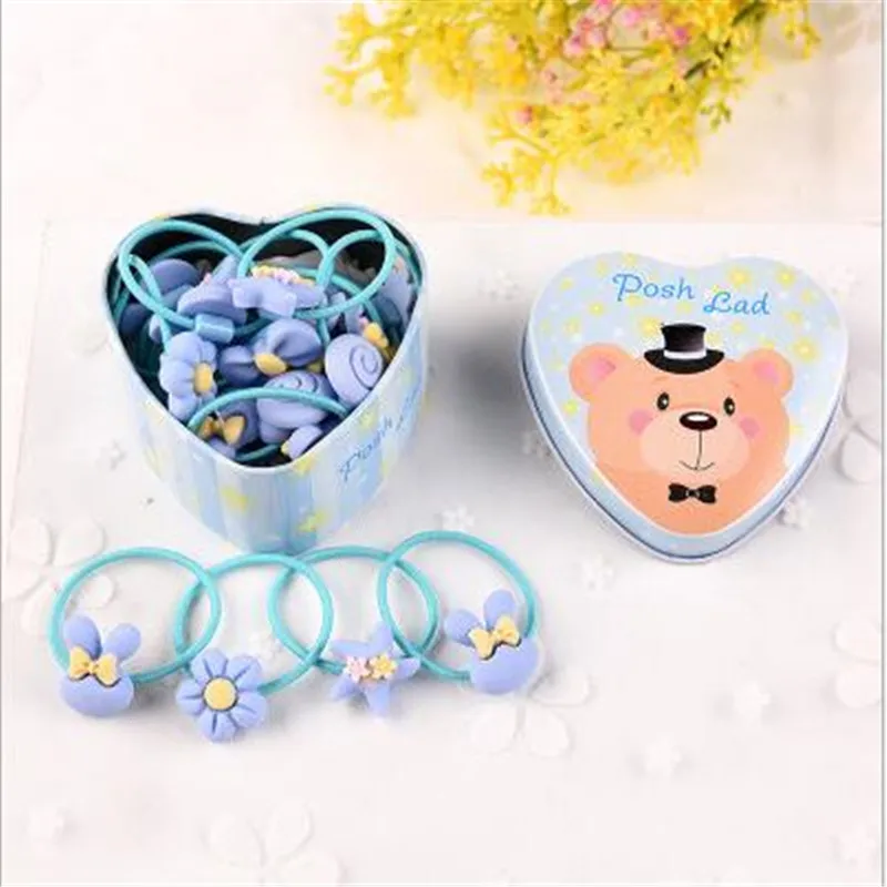 Bear Blue 20 шт./лот, эластичные резинки для волос, Женская лента для волос, бант, жестяная коробка, набор, рождественский подарок, цветок, мультяшное детское кольцо, веревка, аксессуары для волос для девочек - Цвет: Bear Blue