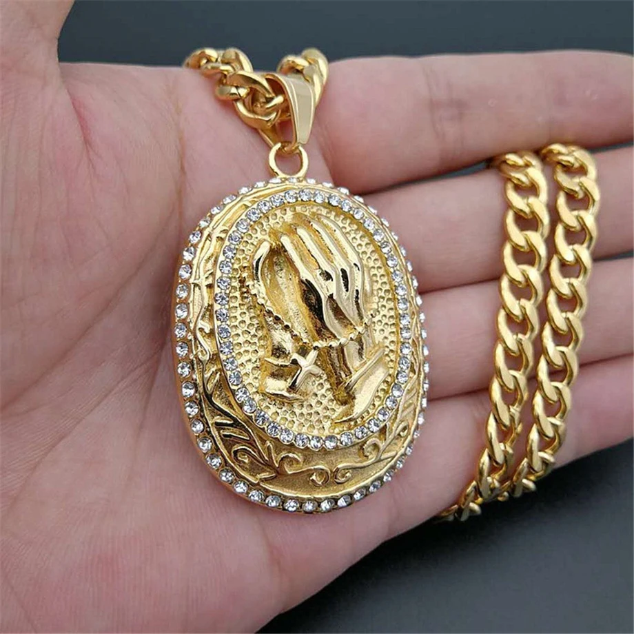 

Hip Hop Iced Out Praying Hands Pendant With Stainless Steel Chain And Gold Color Cross Prayer Charm Necklace Religious Jewelry
