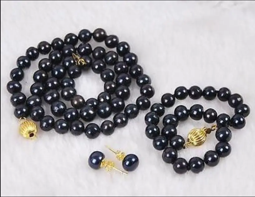 

free shipping>>> huge 9-10mm Black tahitian Pearl Necklace+Bracelet 7.5 inch + Earring18 inch r