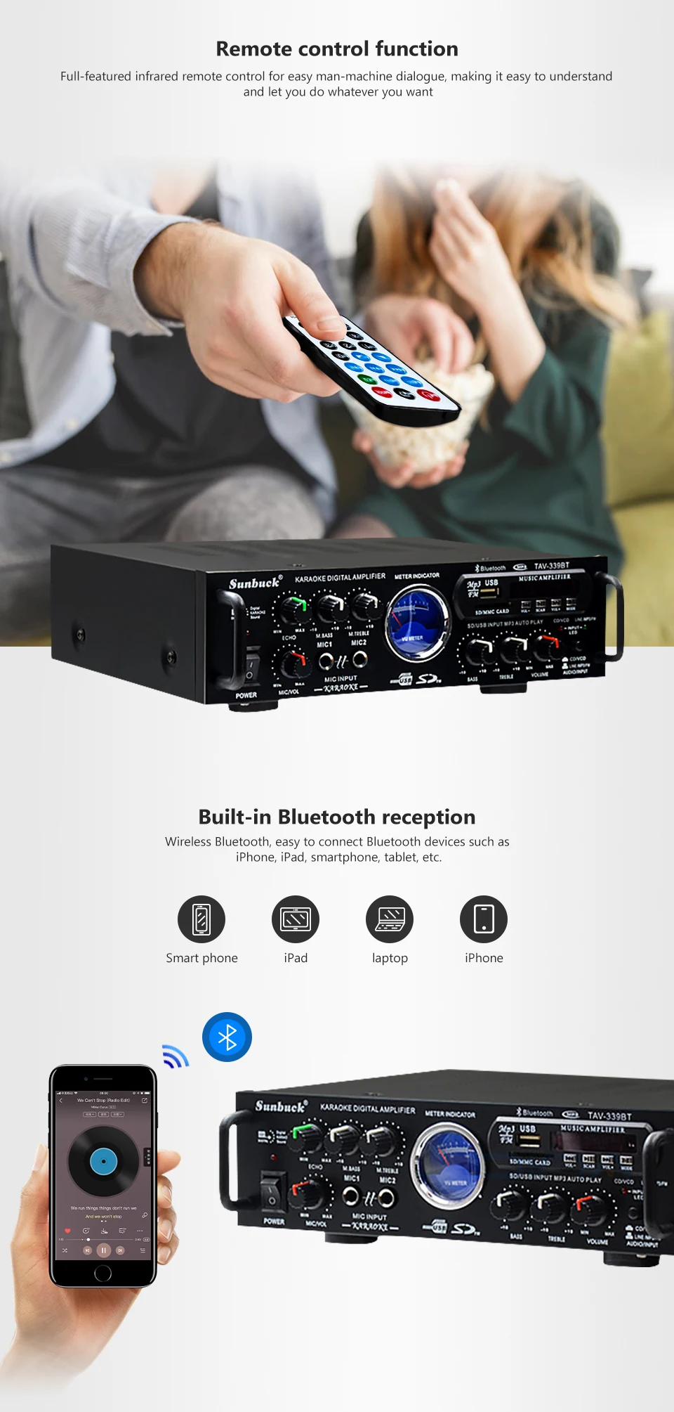 SUNBUCK 2,0 канальный Hi-Fi Bluetooth Стерео AV усилитель домашний кинотеатр аудио Радио Bluetooth профессиональный автомобильный усилитель 12 В/220 В