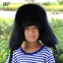 Оригинальные детские шапки для мальчиков и девочек с натуральным лисьим мехом, шапка из натурального меха енота для российских детей, теплая шапка с ушками, Кожаная Шапка-бомбер