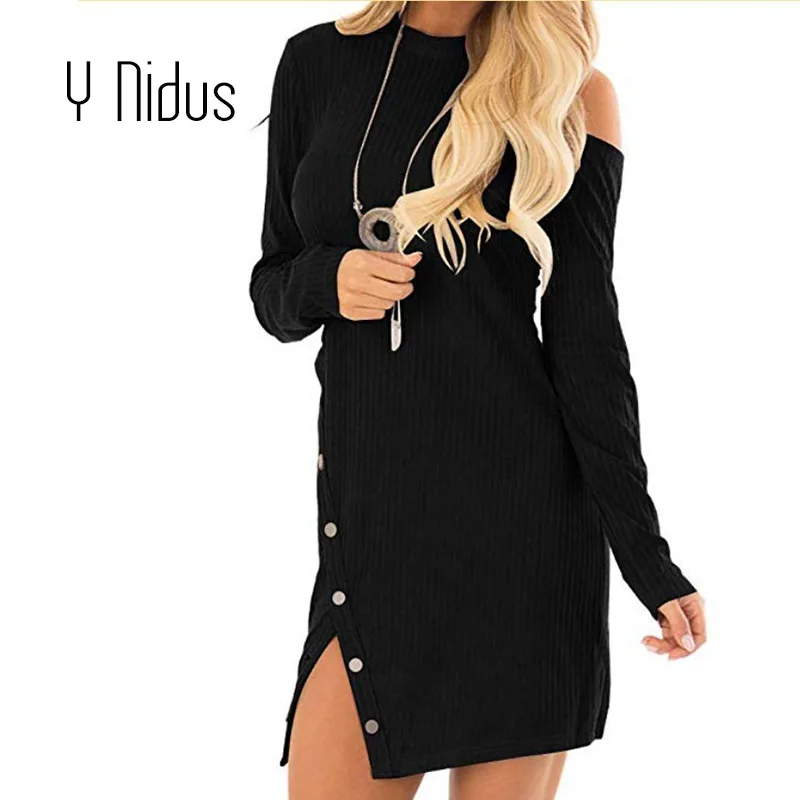 Women's Sweater Mini Dress Winter Knit Dresses 2018 Ribbed Off Shoulder