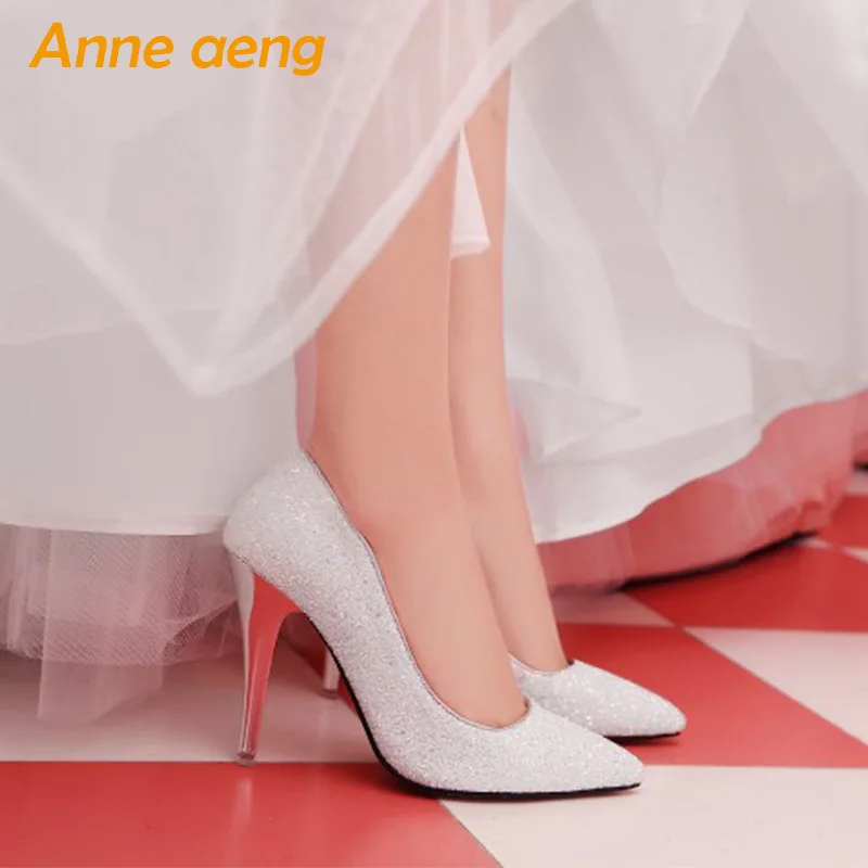 women pumps High thin heel bling Bridal wedding shoes classic pointed toe Sexy Ladies party shoes White High Heels size 34-43