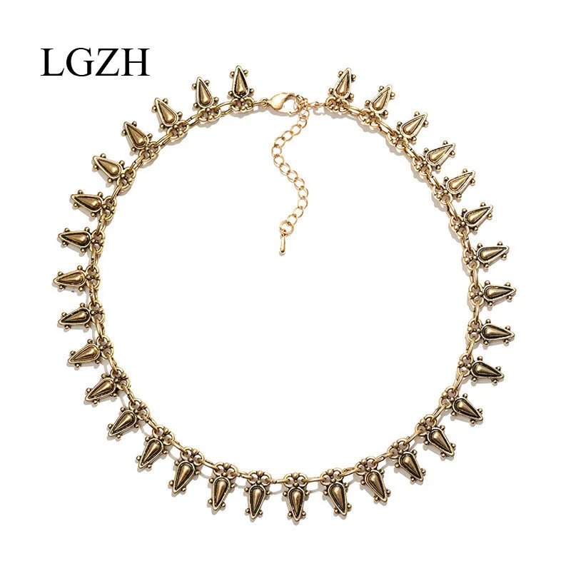 

LGZH Fashion Zinc Alloy Choker Necklace Vintage Antique Gold color Big Statement Jewelry Femme Indian Accessories For Girl