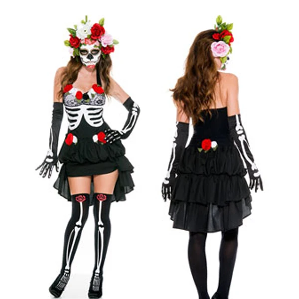 Sexy bone printing halloween costumes for women flowers ghost cosplay ...