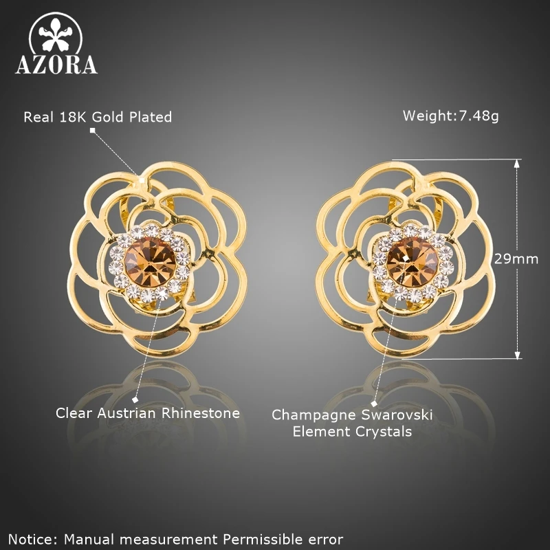 AZORA/Модные женские серьги-гвоздики с австрийскими кристаллами цвета шампанского, элегантные вечерние женские серьги со стразами и милым цветком TE0297
