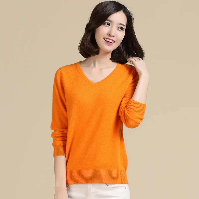 2016 Cashmere Knitted Women Sweaters   Women Fashion V-Neck Solid Color Long Sleeve  Simple Casual Stretch Pullover