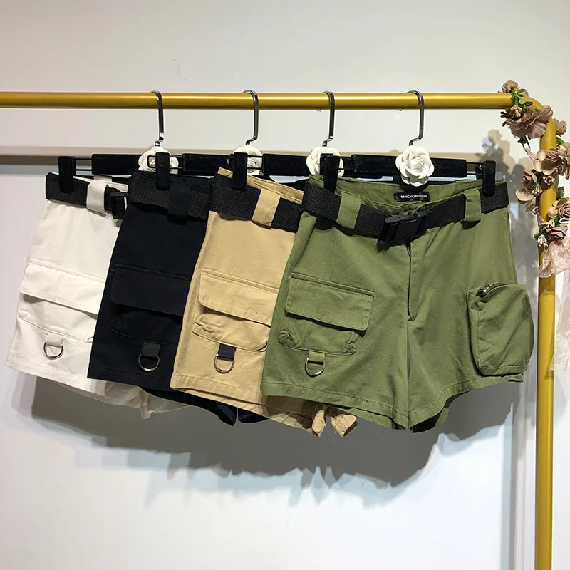 

summer black white green khaki high waist shorts with belt women shorts vintage sexy cargo shorts biker pockets booty shorts