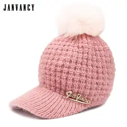 Женская Зимняя шерстяная вязаная шапка с помпоном с карнизом блестящая металлическая буква красная розовая шапка бархатная внутри