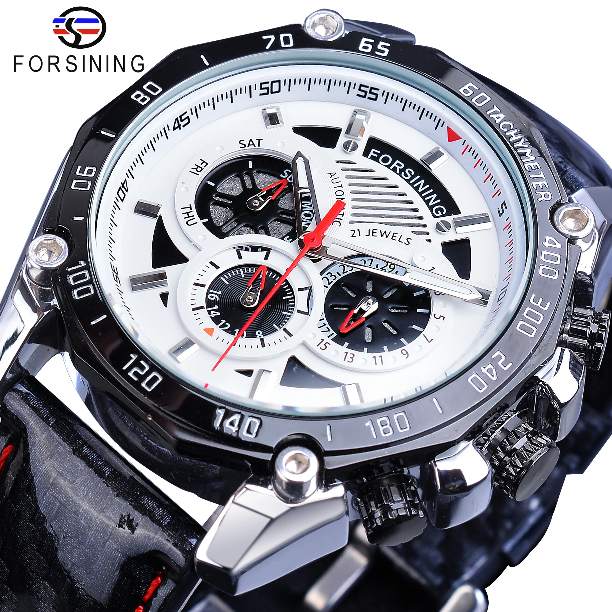 Forsining Automatic Mens Watch Red Pointer Mechanical Date Stainless Steel Genuine Black Leather Sport Timing Waterproof Watches