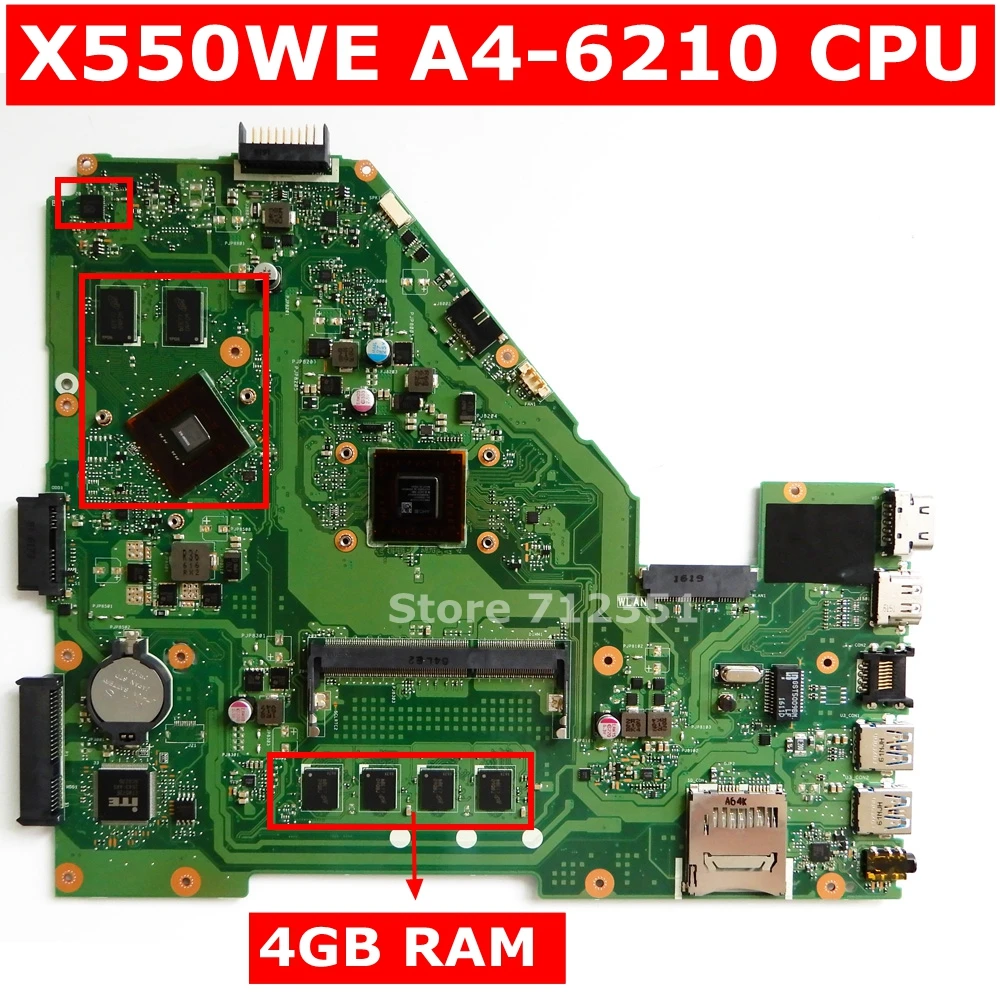  X550WE A4-6210 CPU 4GB RAM Mainboard REV2.0 For Asus X550WA X550WE X550W D552W Laptop Motherboard L