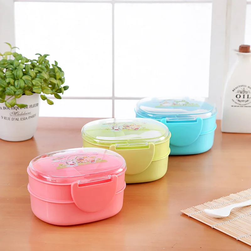 Школьный Ланч-бокс Bento Box, пластиковый Овальный ланчбокс для детей, двухслойный контейнер для еды, портативный креативный Ланч-бокс