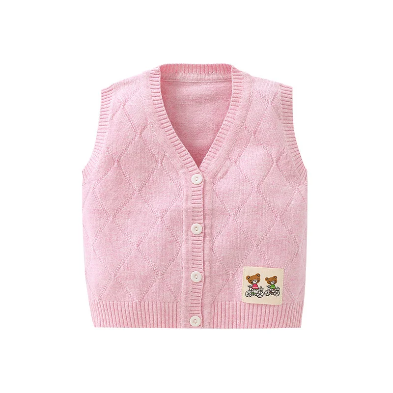 Модный вязаный детский свитер, жилет хлопковый мягкий жилет с треугольным вырезом для мальчиков, милый свитер с ромбическим медведем для девочек Одежда для маленьких девочек возрастом от 6 до 12 месяцев - Цвет: Pink