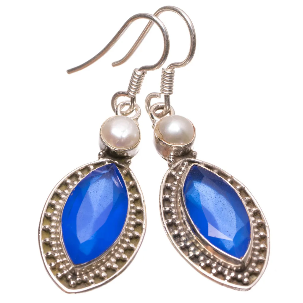 StarGems(tm) Natural Iolite and River Pearl Handmade Boho 925 Sterling Silver Earrings 1 3/4&quot S1509 | Украшения и аксессуары