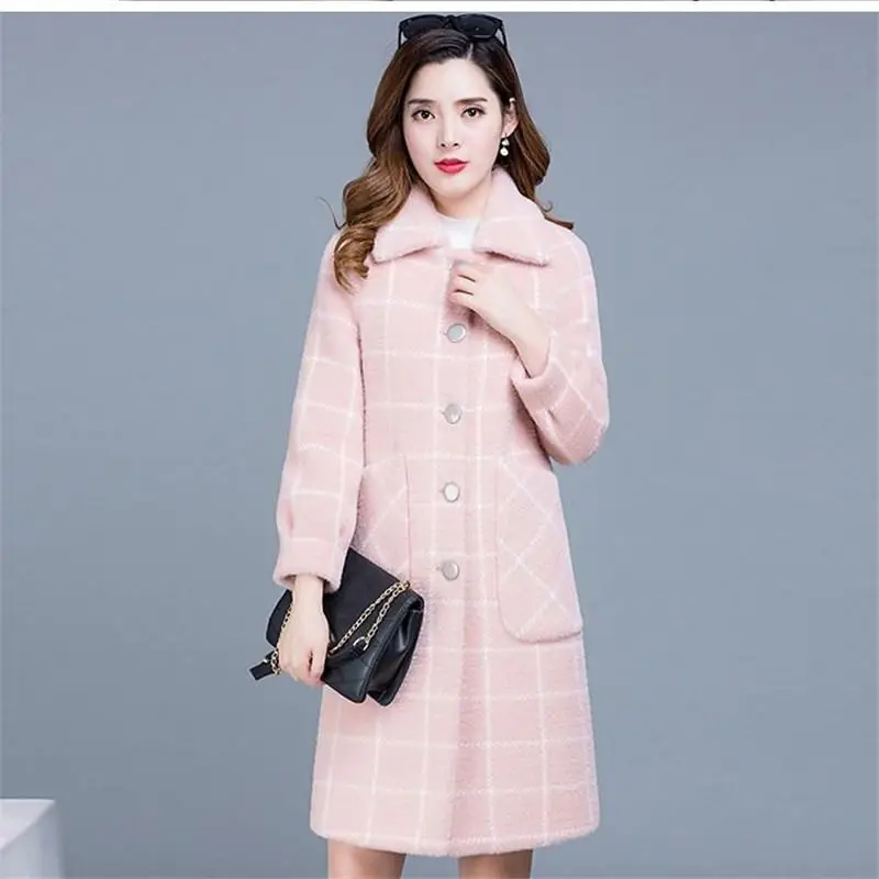 

2019 Autumn Winter Women Mink Plaid Turn-down Collar Wool Coat Femme Casual Hiver Single Breasted Long Cardigan Woolen Coat K191