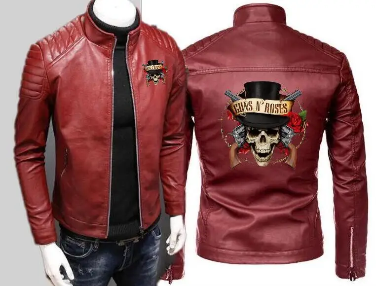 

Fashion Men's Locomotive Guns N Roses Leather Jacket Motorcycle Zip Cardigan Long Sleeve Sports Rock Band Hip Hop Leather