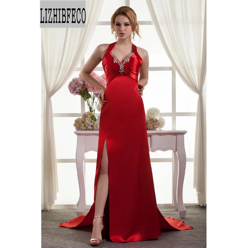

Red/Ruby Satin A-line V-Neck Formal Evening Dress Beading Backless Sleeveless Custom made