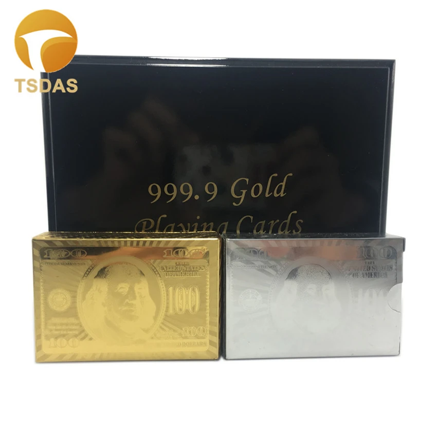 Novelty Gift 2 Deck 24k Gold Poker Card With Wooden Box USD 100 Playing Cards For Party Games | Дом и сад