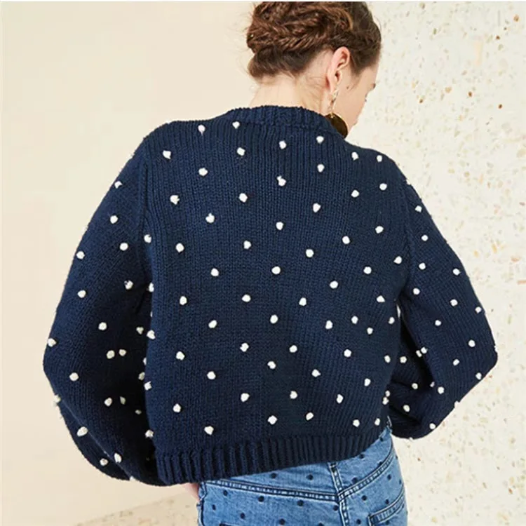 

European court vintage handwork three-dimensional wave point lantern sleeve knitted sweater