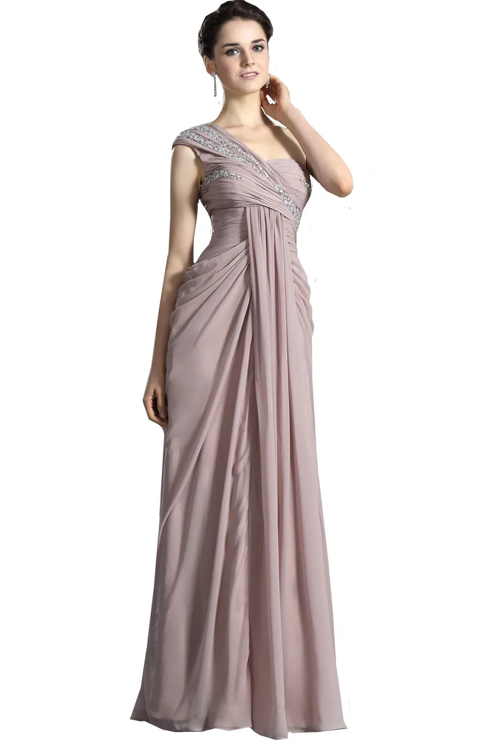 Women Long Formal Dress Gown Full Length Chiffon Beading One Shoulder