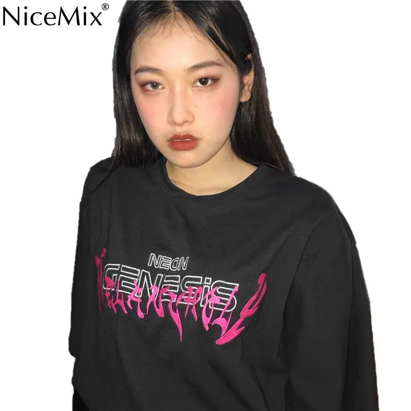 

NiceMix Women Black T Shirt Casual Harajuku Cotton T-shirt Embroidery Lertters Unisex Tops Tees 2019 New Summer 23049