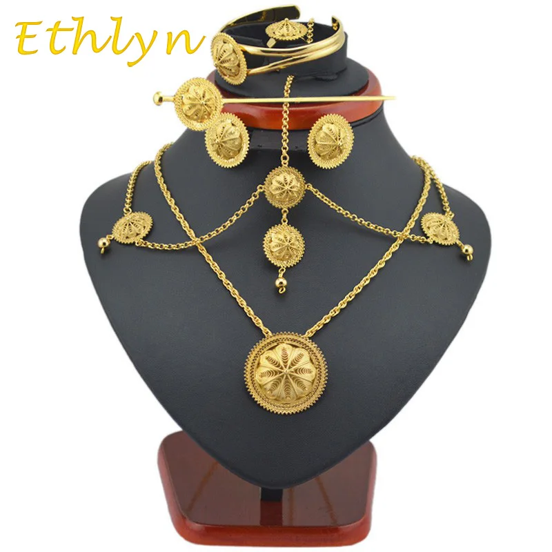 Ethlyn Best Quailty Ethiopian jewelry sets Gold Color hair jewelry 6pcs sets & African jewelry for Ethiopia best Women gift S27