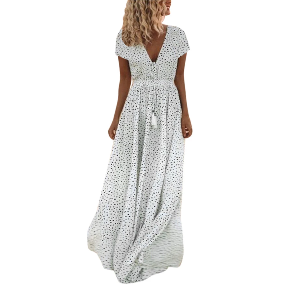 Новое весеннее женское модное платье трапециевидной формы с коротким рукавом в горошек с кисточками с v-образным вырезом длинное пляжное макси платье 716