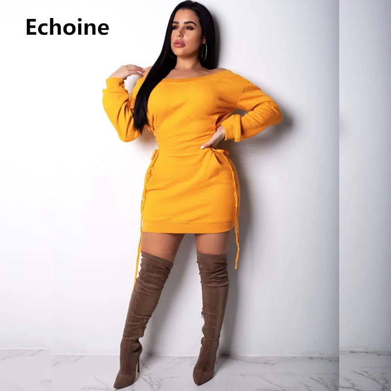 

Women Off Shoulder Grommet Lace Up Mini Dress Woman Club Outfit Sweatshirt Party Nigh Dress Bat Sleeve Vestidos Streetwear