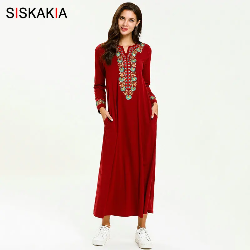 

Siskakia Elegant Women Dresses Long Ethnic Geometric Floral Embroidery Casual Muslim Dress Plus Size Eid Adha Ramadan Muslimah
