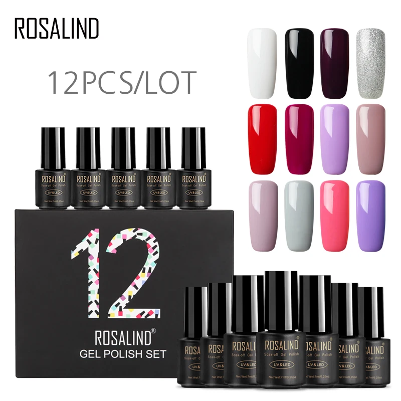 

ROSALIND 12PCS/LOT 7ML Pure Color Nail Gel Polish Set & Kit Semi Permanent Nail Art Manicure Soak off long lasting Nail Kit