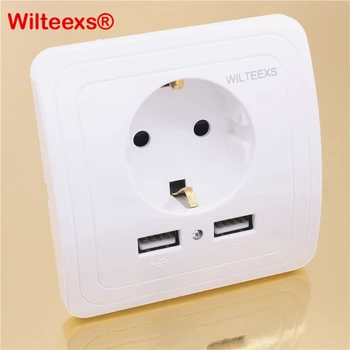 WILTEEXS Dual USB Port 5V 2A Electric Wall Charger Adapter EU Plug Socket Switch