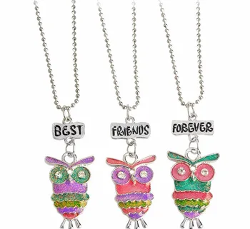 

Children Best Friends Cute Glitter Colorful Rhinestone Owl Pendant BFF 3 Necklace Friendship Jewelry Gifts For Kids 10 Set