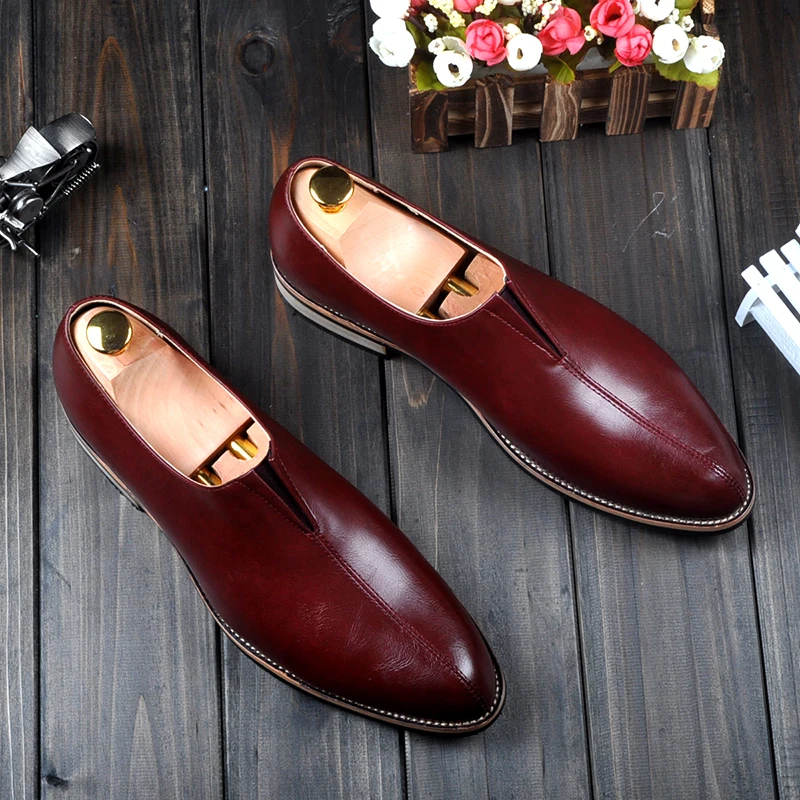 

New 2018 Spring Autumn Men's Pointed Toe Dress Shoes Size 37-44 Red Black Yellow Slip on Dress Shoe Man Formal Shoe