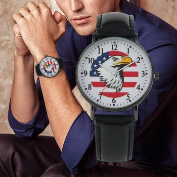 

Mens Quartz Analog Watch Fashion Leather Band Watches Exquisite American Flag White Sea Eagle Pattern Dial Wrisewatch Saati Gift