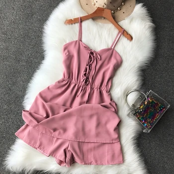 

Lacing Up Sling Top Wide Leg High Waist Women's Vocation Playsuits Solid Color Adjustable Sling Ladies Casual Jumpers G652