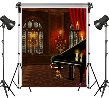 

LB Polyester & Vinyl Christmas Gorgeous Interior Piano Toy Bear Candlestick Backgrounds For Photo Studio Photography Backdrops