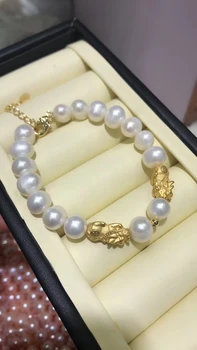 

New 3d Yellow Gold Pixiu Pearl Bracele Natural 8 Mm Beads Women Pearl Jewelry