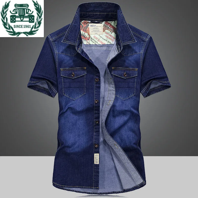 

ZHAN DI JI PU Brand Clothing Men's Denim Shirt Short Sleeve Blue Color Fashion Shirts Men Clothing Summer Dress Plus Size 4XL 65