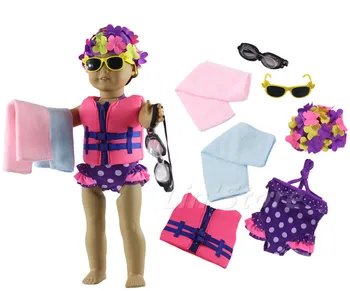 

7 PCS Doll Clothes Swimming suit+life vest+swimming cap+diving glasses+sunglasses+2 towels for 18" American Doll