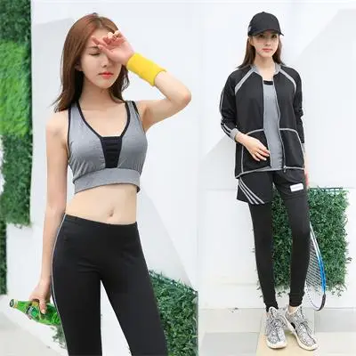 gray 5 piece Йога набор Для женщин куртка с капюшоном спортивный бюстгальтер Фитнес штаны и футболка шорты черный серый спортивный костюм большой Размеры бег 5 шт. спортивную одежду - Цвет: gray 5 piece